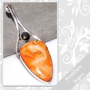 Bumblebee Jasper, Obsidian Large Silver Artisan Pendant, 3” Orange, Gold, Black